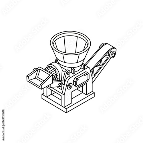 Line drawing of an industrial crushing machine with a hopper and conveyor belt for material processing.