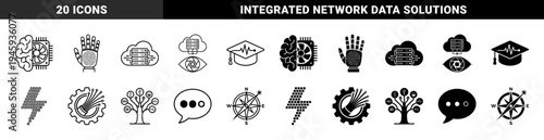 Hybrid Technology and Data Science Icon Set Featuring Brain Microchip Cloud Server Biometric Fingerprint and Network Tree Metaphors