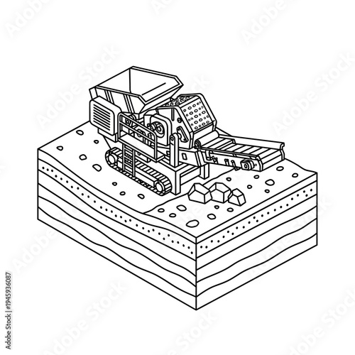 Illustration of a mining machine extracting minerals from layered earth.