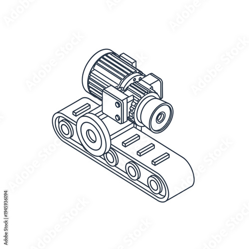 Isometric line drawing of a conveyor belt system with an electric motor and gearbox assembly.