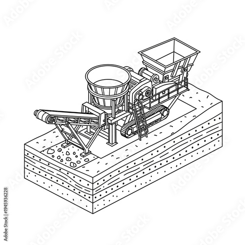 Isometric line art illustration of a mobile rock crushing plant on a layered ground, depicting industrial material processing.