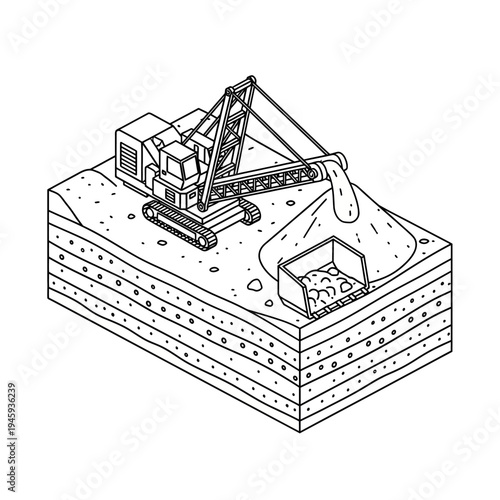 Isometric line art illustration of a large mining excavator machine digging and loading earth into a dump bin on a layered ground.
