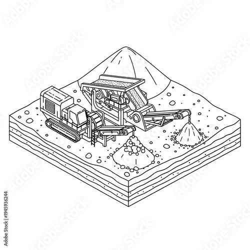 Isometric line art illustration of a mobile rock crushing and screening plant processing aggregate on a construction site.