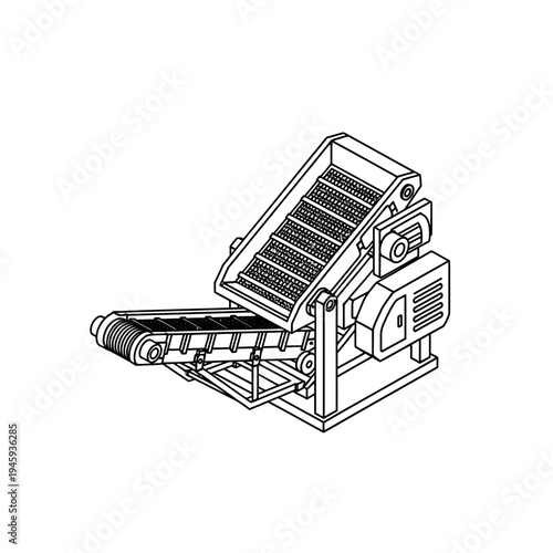 Industrial conveyor belt system with an inclined feeder and horizontal transport mechanism, depicted as a detailed line drawing.