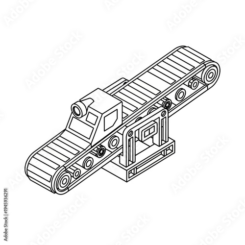Isometric line drawing of an industrial conveyor belt system with a sorting or scanning mechanism for factory automation.