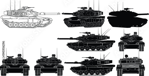 Silhouette and line drawing illustrations of modern main battle tanks with large gun barrels, caterpillar tracks, antennas, and sensors, shown from multiple angles for military design visualization.