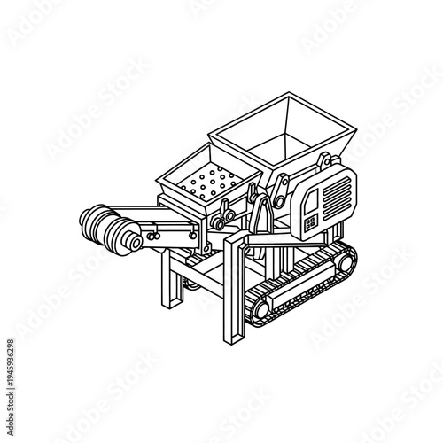 Isometric line art drawing of a mobile industrial processing machine with a hopper, screen, and conveyor belt on crawler tracks.