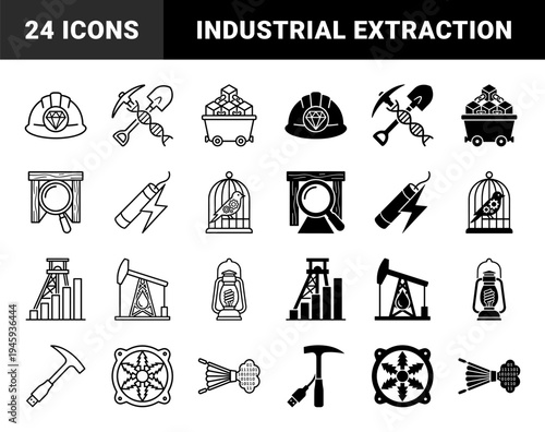 Hybrid mining and digital technology icons featuring DNA pickaxe integrated gear canary oil pump with drop and binary code bellows in outline and solid styles