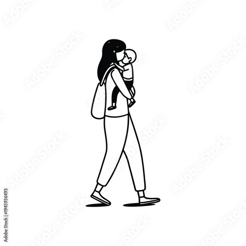 Woman carrying a baby in a sling while walking down the street, representing modern parenting, mobility, and nurturing care.