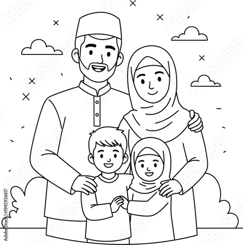 A muslim family portrait with traditional clothing and headwear