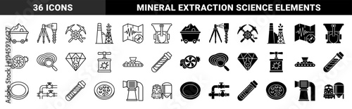 Mining and Geological Research Hybrid Icons Featuring Mineral Extraction Equipment Combined with Laboratory Analysis and Surveying Tools