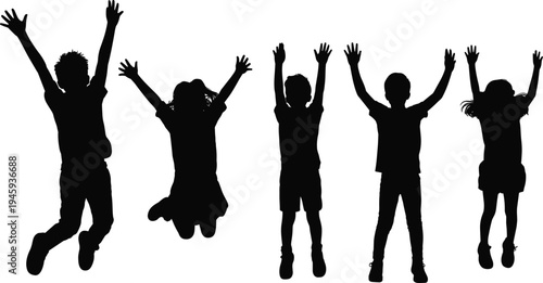 Happy children jumping and playing silhouette, flat vector illustration, cad drawing, architectural scale figures for park playground, group of kids.