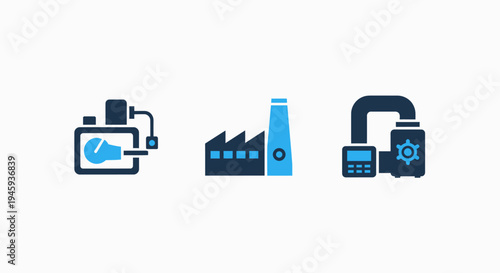 Icons for industrial automation, factory production, and mechanical engineering concepts, white background