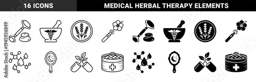 Hybrid Wellness and Holistic Medicine Icon Set Featuring Mortar and Pestle Caduceus Mergers Herbal Remedies and Spa Therapy Symbols