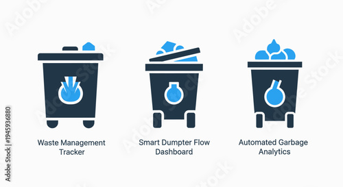 Icons for waste management, smart dumpster flow, and automated garbage analytics, white background
