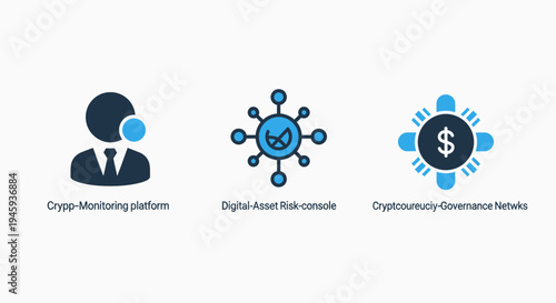 Cryptocurrency icons: monitoring platform, digital asset risk console, and governance network