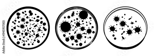 Petri dish set with solid black silhouette and clean circular outlines featuring bacteria, microbiology, illustration with black and white and white background