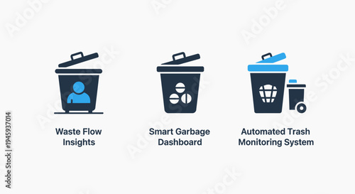 Waste management icons: insights dashboard, smart garbage bin, and automated monitoring