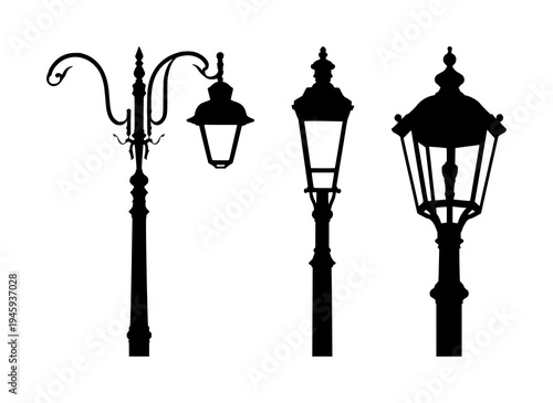 Street lamp set with solid black silhouette and high contrast featuring old-fashioned, Victorian, urban with single object and white background