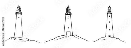 Lighthouse beam set with minimalist line art of a beam cutting through fog featuring coastal decor, simple fluid strokes, isolated on white with line art and illustration
