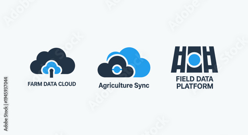 Agriculture technology icons: farm data cloud, agriculture sync, and field data platform