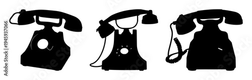 Rotary telephone set with solid black silhouette on white background featuring antique, 20th-century, communication with black fill and historical illustration