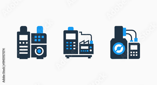 Industrial equipment icons: control panels, machines, and processing units