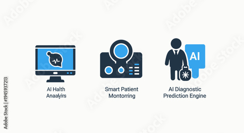 Ai healthcare icons: AI health analysis, smart patient monitoring, AI diagnostic prediction engine, health icon, AI icon