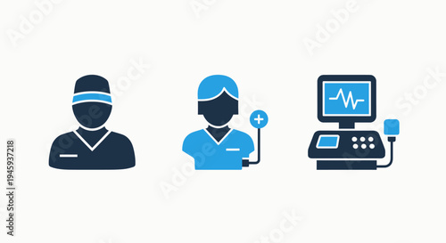 Medical icons: doctor, nurse with medical equipment, patient monitor with cardiogram for healthcare, medical icon