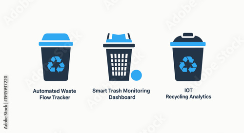 Recycling and waste icons: automated waste flow, smart trash monitoring, iot recycling analytics, recycling icon