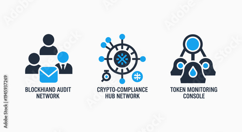 Blockchain audit network, crypto compliance hub, and token monitoring console financial technology icons set