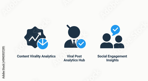 Content virality analytics, viral post hub, and social engagement insights digital marketing icons set