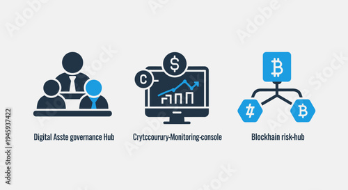 Finance and blockchain icons: digital assets, cryptocurrency monitoring, and blockchain risk hub