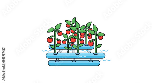 Strawberries growing on blue pipes.