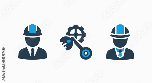 Team of engineers and mechanics with gear and wrench icon, representing industry and collaboration