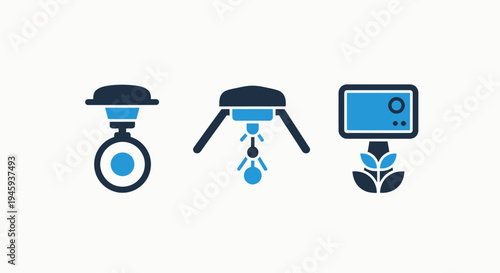 Set of icons for precision agriculture technology: drone, sprayer, and monitor for smart farming