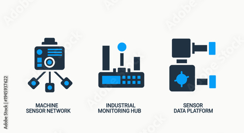 Industrial iot icons: machine sensor network, monitoring hub, and data platform concepts
