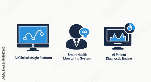 Ai and healthcare technology icons: clinical insight platform, health monitoring system, and patient diagnostics