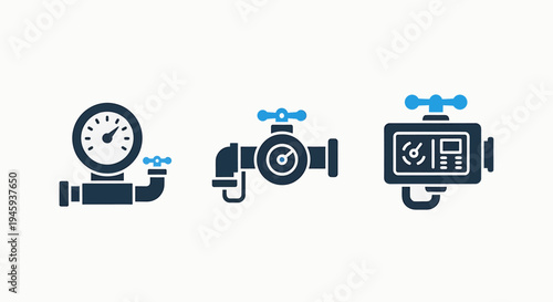Industrial control icons: pressure gauge, valve, and digital meter concepts