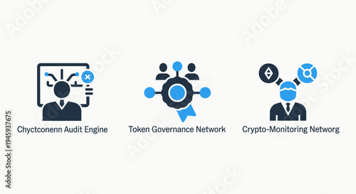 Blockchain icons: audit engine, token governance network, crypto monitoring for finance technology, smart contract