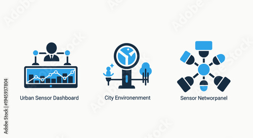 Smart city environment and urban sensor dashboard technology icons