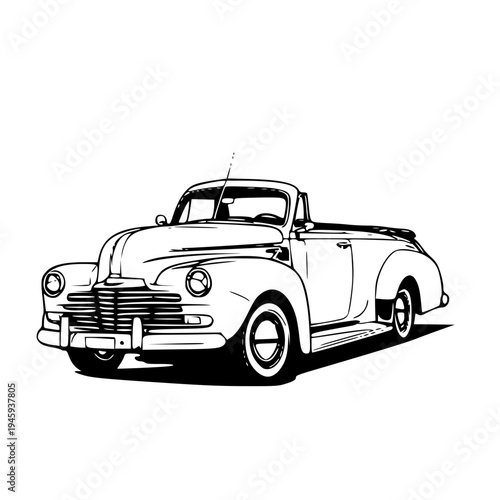 Vintage Retro Classic Car Vector Illustration 1940s Style. Detailed black and white vector illustration of a 1940s-1950s classic convertible car. Retro automotive sketch, 