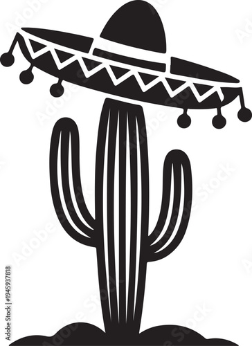 Mexican cactus with sombrero silhouette vector