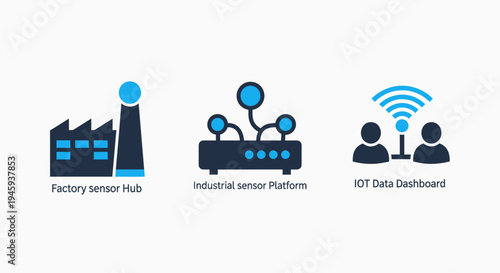 Smart factory icons: industrial iot, sensor hub, and data dashboard for industry 4.0 solutions
