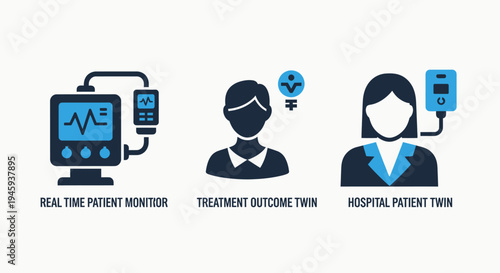 Healthcare tech icons: real-time patient monitor, digital twin, and hospital health systems for medical innovation
