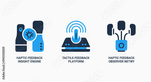 Icons for haptic feedback insight engine, tactile feedback platform, and haptic observer network, symbolizing advanced user interface technology, virtual reality