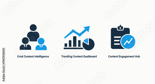 Content strategy icons: teamwork, trending data chart, and engagement hub, social media
