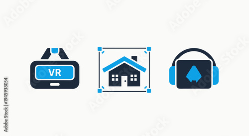 Virtual reality and home design icons: vr headset, house blueprint, and headphones, real estate