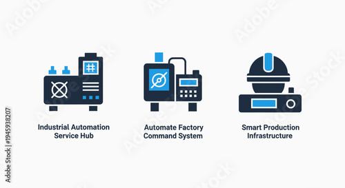 Industrial automation and smart production icons: factory command system, infrastructure, robotics, and service hub technology symbols