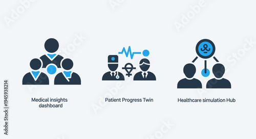 Medical and healthcare insights icons: patient progress, simulation hub, diagnostic dashboard, and technology for digital health solutions